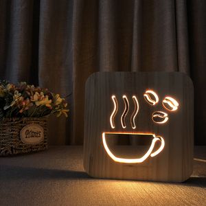 Wood Coffee Cup Light LED Wooden Table Lamp Hollowed-out 3D Night Lights Bedroom Bedside Nightlight Gift