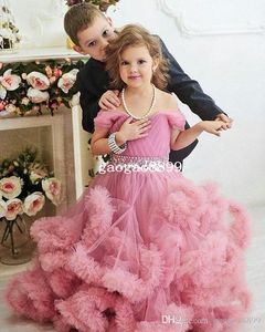 Цветочные девочки Платья для свадебной жемчужины шеи с 3D кружевами Applices детей милый линейный тюль партии платье на заказ