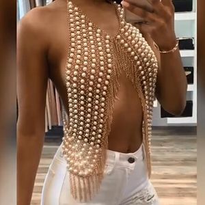 Fashion Boho Imitation Pearls Full Body Chain Bar Statement Tassel Pendant Charm Dress Sexy Nightclub Party Jewelry T200508