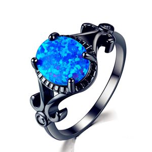 Exquisite Female Round Blue Fire Opal Fashion Ring Black Gold Filled Wedding Rings For Women High Quality Vintage Jewelry