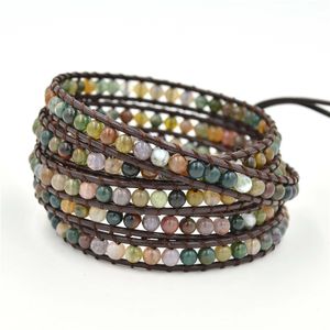 10Pcs Handmade Bohemian Mini 4MM Mix Color Natural Indian Agate Stones Beads Leather 5 Wrap Bracelet New Summer Jewelry for Women and Girls