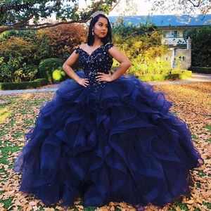 Princess Navy Blue Ball Gown Quinceanera klänningar från axeln Cascading Ruffles Crystal Beads Formal Dress Prom Party Bowns for Sweet