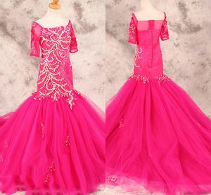2019 Fuchsia Mermaid Girls Pageant Dresses Square Short Sleeve Beading Pearls Crystal Sequins Ruched Toddler Party Dress Flower Girl Dresses