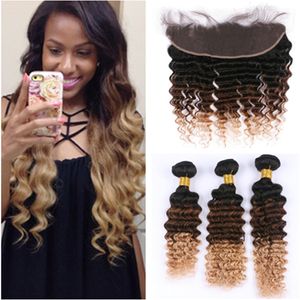 1B/4/27 Honey Blonde Ombre Brazilian Human Hair Weaves with Frontal Deep Wave 3Tone Ombre Virgin hair 3Bundles with 13x4 Lace Frontal