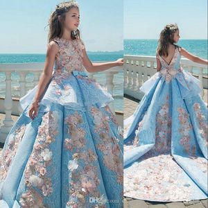 2022 Lovely Sky Blue Girls Pageant Abiti in pizzo 3D Appliques floreali Backless con fiocco Bambini Flower Girls Dress Princess Abiti di compleanno economici