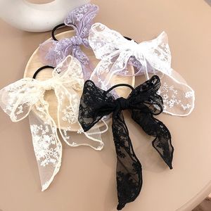 INS Girls lace Bowknot hair scrunchie children lace ribbon elastic Hair holder kids lace embroide Bows princess Ponytail headdress C6457