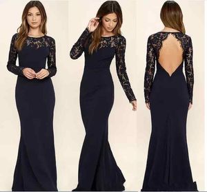 Newest Dark Navy Mermaid Bridesmaid Dresses Sheer Long Sleeves Lace Sexy keyhole Backless Long Evening Dresses Wedding Guest Gowns