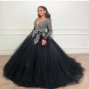 Dubai beadings de luxo e cristais vestidos de noite 2020 sexy profundo decote em v vestidos de festa formal mangas compridas robe de soíre vestido de baile