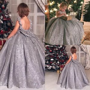 2020 Cute Ball Gown Girl Dresses Jewel Sleeveless Sequins Bow Girl Pageant Gown Backless Ruffle Sweep Train Birthday Gown