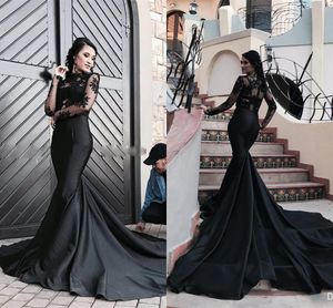 Czarne Syrenki Suknie Wieczorowe Klejnot Koronki Długie Rękawy Satin Formalna Suknia Wieczorowa Suknie Prom Dresses Vestidos de Fiesta Robe Custom