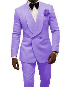 Mais novo Double-Breasted Luz Roxo Paisley Noivo Smoking Xale Lapela Dos Homens Ternos 2 peças de Casamento / Baile / Jantar Blazer (Jacket + Pants + Tie) W745