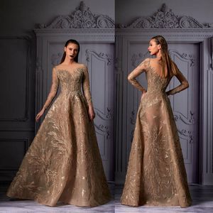 2020 Luxry A-line вечерние платья драгоценный камень с длинными рукавами аппликация кружева блестки развертки поезд вечернее платье Ruched иллюзия на заказ вечернее платье