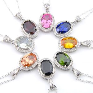 10 Pieces Oval 8 Color Blue Topaz Gemstone Pendants 925 Silver Pendants Necklaces for Women Men Holiday Gifts 10*14 mm free Shipping