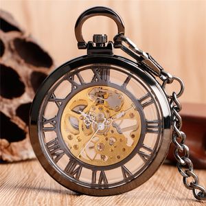 Wholesale mens black face watches resale online - Vintage Luxury Watches Black Silver Open Face Hand Winding Mechanical Pocket Wach Skeleton Clock Timepiece for Mens Womens Pendant FOB Chain Gifts