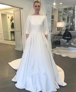 Simple Soft Satin Wedding Dresses With 3/4 Long Sleeve A Line Bridal Gowns Fall Court Train White Wedding Bride Dress Back Button