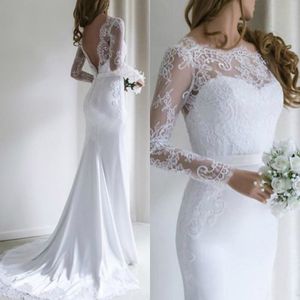 Satynowe długie eleganckie sukienki ślubne syrenki bez pleców klejnotowych szyi koronkowe sukienki ślubne vestidos de novia