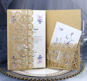 Luxury Gold Laser Cut Wedding Inbjudan med RSVP -kort Elegant spets utskrivbara brudduschinbjudningar Kort inbjudningar till jubileumsfest