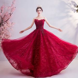 Dark Red Lace Evening Dresses Sweetheart Sleeveless Backless Long Prom Dresses Tulle Lace with Applique Runway Gowns