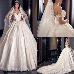 2020 Koronki Suknie Ślubne Suknie Ślubne Off The Ramię Appliqued Vestidos Suknie ślubne Arabski Dubaj Plus Size Koraliki Sweep Pociąg Suknia Ślubna