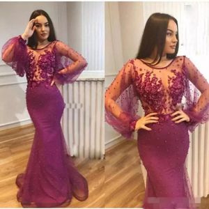 Prom Dark Fuchsia Dresses Long Poet Sleeves Beaded Scoop Neck Lace Applique Mermaid Custom Made Evening Party Gown