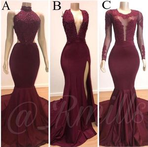 Burgundy Long Sleeves Mermaid Split Prom Dresses Deep V Neck Sexy Evening Gowns Applique Formal Party Dress robe de soiree BC3198