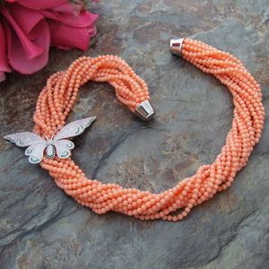 Handmade 13strands pink round coral micro inlay zircon butterfly flower accessories sweater necklace long 50cm