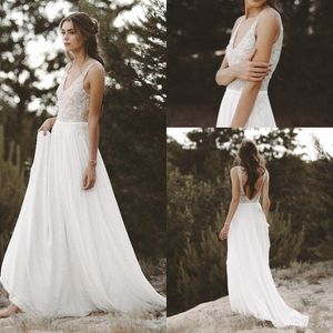 Vestido v Neck Backless Pearls Chiffon Beach Dresses Lace Boho Country Wedding Bridal Dons Rets De Mariee