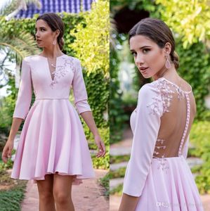 Modest Pink Mother Dresses A Line 3/4 Cap Sleeve Sheer Backless Appliqued Mini Short Prom Party Homecoming robes de cocktail party dress