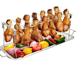 14 compartimentos de aço inoxidável perna de asa de frango para baquetas suporte para grelha de churrasco com pingadeira para churrasco ZC2562