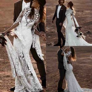 Bohemian 2020 Beach Wedding Dresses High Neck Bell Långärmad Lace Open Backless Boho Bridal Gowns Bröllopsklänning