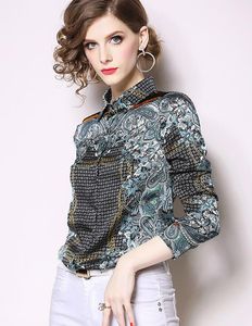 Dark green Vintage pattern print long-sleeved Artificial silk shirt women spring and summer slim fit ladies shirt
