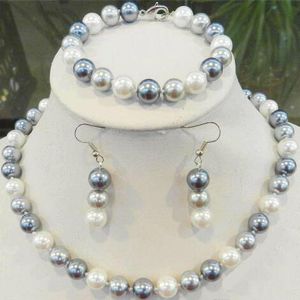 Handgjorda naturliga 12 mm long18 '' Vit / svart / grå multicolor South Sea Shell Pearl -halsbandsarmband örhängen Set Fashion Jewelry