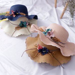 Fashion Flower Decor Wavy Ribbon Wide Brim Caps Summer Beach Sun Protective Hat Fedora Straw Hats For Women