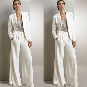 2019 Nya Bling Sequins Ivory White Pants Passar Mor av brudklänningarna Formell Chiffon Tuxedos Kvinnor Party Wear New Fashion Modest