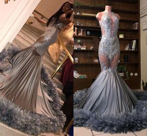 Luxurious Crystal Beaded Feather Dresses Evening Wear See Though Body Jewel African Black Girl Prom Dress Long robes de soirée Party Pageant