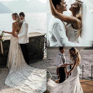 2020 Bohemian Beach Wedding Dresses Spaghetti Straps Beading Backless Mermaid Bröllopsklänningar Vestido de Novia Custom Made Bridal Dress