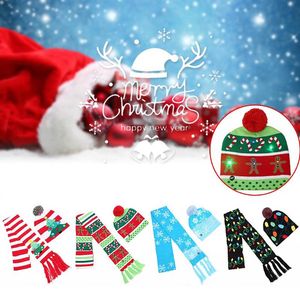 Jul Beanie Hat Scarf Set för LED-stickade blinkande halsdukar Keps till Snowflake Elk Reindeer Xmas Tree Party Props XD21178