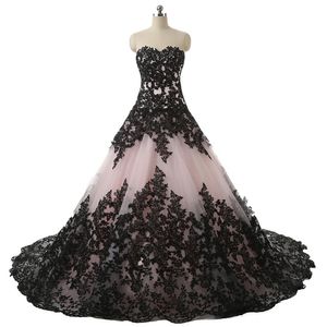 Vestido de Noiva Moda 2020 Preto e Rosa Blush Decote Coração Forma A Linha Laço Costas Vestidos de Noiva Coloridos Online Vestidos De Novia