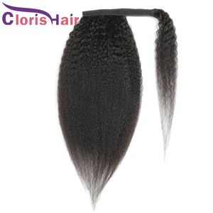 Magic Paste Ponytail Hårstycke 100% Human Hair Raw Virgin Indian Kinky Straight Clip In Extensions For Black Women Yaki Wrap Around Ponytails