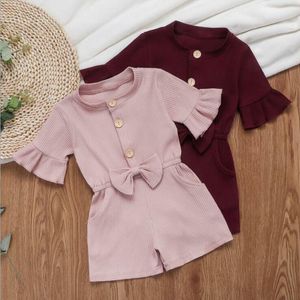 Baby Designer Clothes Kids Girls Bow Rompers Summer Flare Sleeve Article Pit Jumpsuit Children Pocket Lovely Casual Onesies Bodysuit CYP683