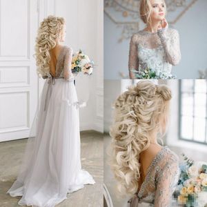 Bohomian Hellgraue Strandhochzeitskleider, A-Linie, Juwel, Perlen, Perlen, Schärpe, Boho-Garten, lange Ärmel, Hochzeit, Brautkleid, nach Maß