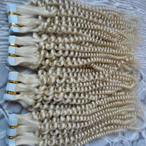 Blonde Brazilian hair Tape in human hair extensions kinky curly 10-24" 200g 80pcs Loose curly tape in hair extensions blonde Skin Weft