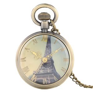 Vintage Quartz Pocket Watch Retro Paris Eiffel Tower Dial Slim Necklace Chain Women Ladies Pendant Clock Gifts