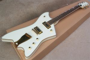 G6199 Speziell geformte E-Gitarre, weißer Korpus, Goldpulverrand, goldenes Akkordbrett, spezielle Einlage, kann individuell angepasst werden