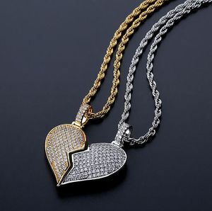 Mens Half-heart Pendant Necklace Gold CZ Bling Bling Pendant Micro Pave Cubic Zirconia Simulated Diamonds Hip hop Jewelry