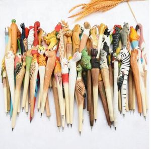 Bolígrafos Tallados En Madera al por mayor-Animal talla de madera creativo bolígrafo pluma de madera bolígrafo bolígrafos hechos a mano escultura estudiante bola