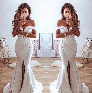 White Off Elegant The Shoulder Prom Dresses Satin Sweep Train Front Slit Plunging Mermaid 2019 Custom Made Evening Gown