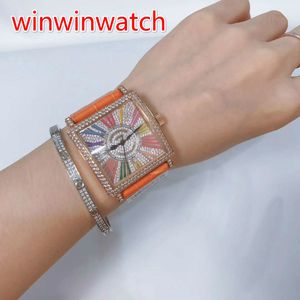 розовое золото женские часы квадратный корпус 36 мм кварцевый механизм блестящие бриллианты лицо с оранжевыми цветами кожаный ремешок с бриллиантами женские часы