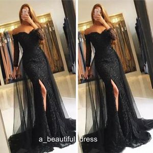 Elegant black lace long sleeve evening dresses off shoulder sexy split arabic silver mermaid formal prom party gown PD5560