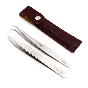 VETUS Volume Lash Tweezer Golden Feather and Dolphin Tweezers for Eyelash Extension Tools in Brown Leather Packing